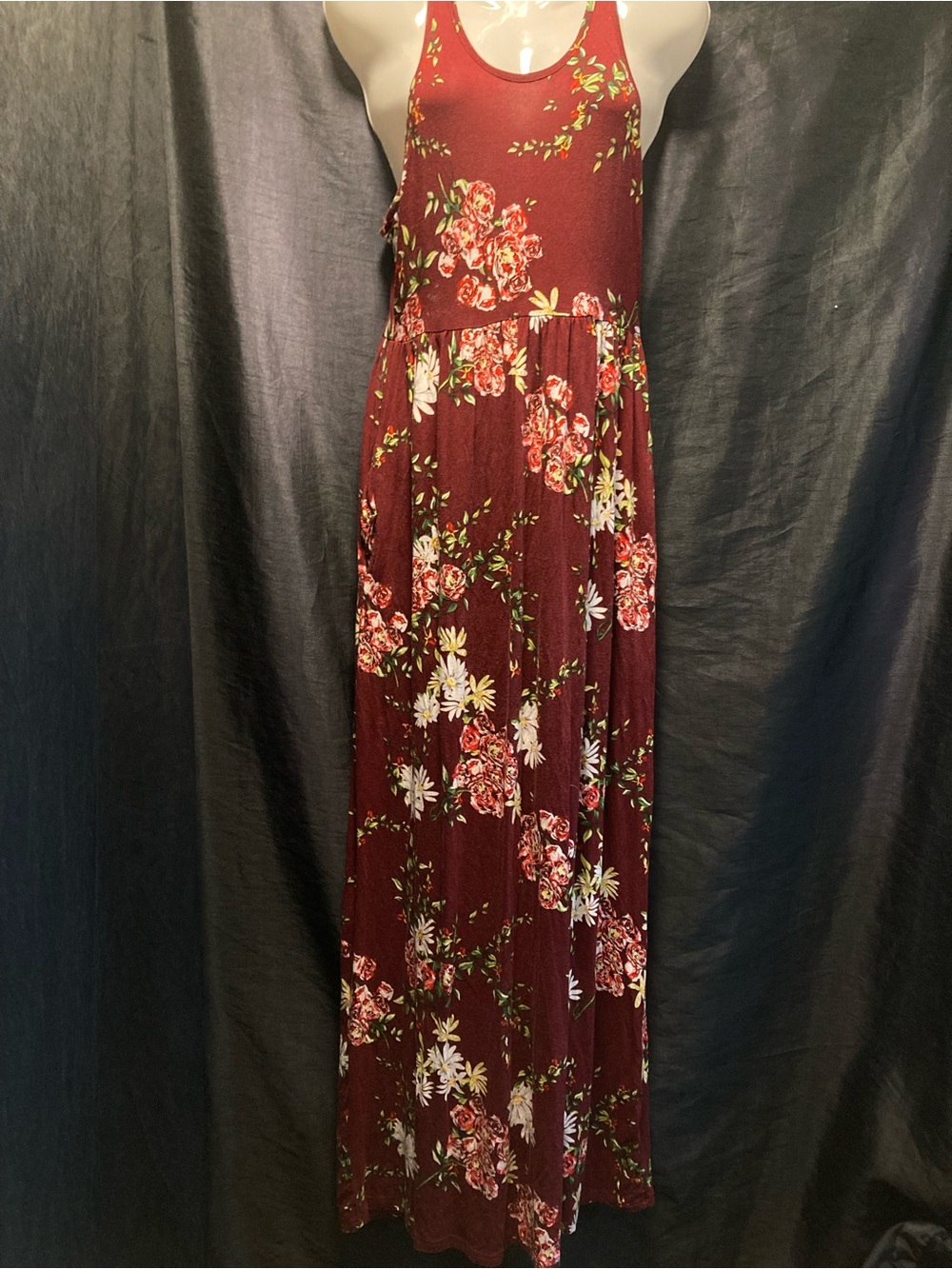 Unbranded Burgundy Floral Racerback Maxi Dress Size M